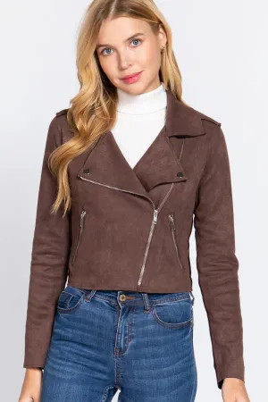 Long Slv Biker Faux Suede Short Jacket