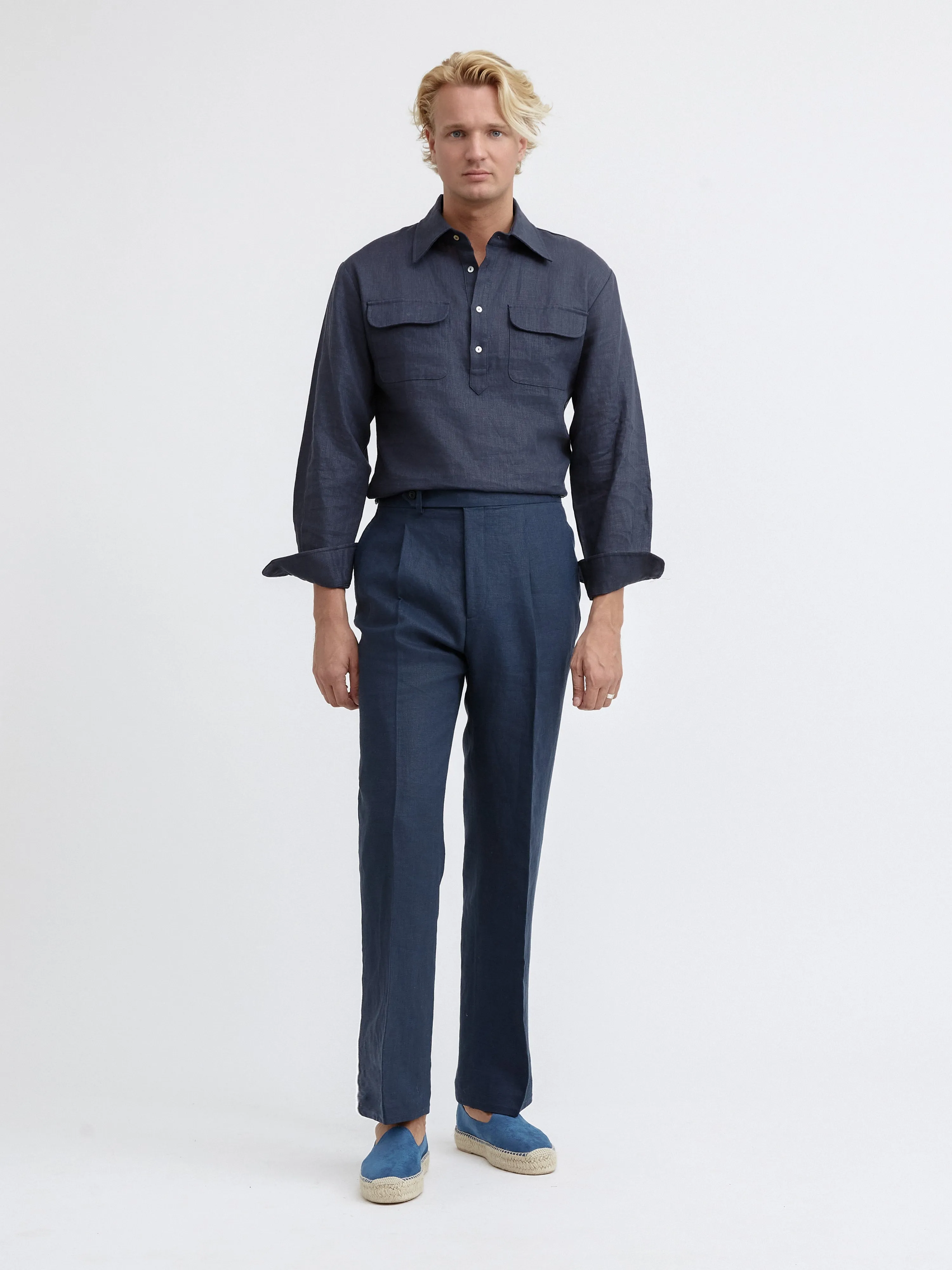 Navy Linen Oscar Trousers (Wide Fit)