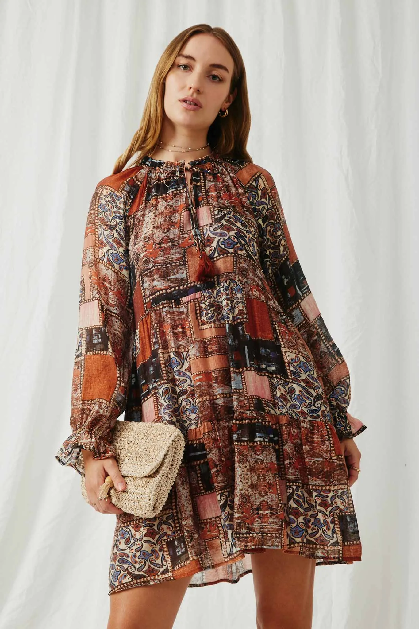 Paisley Patch Print Ruffle Neck Chiffon Dress