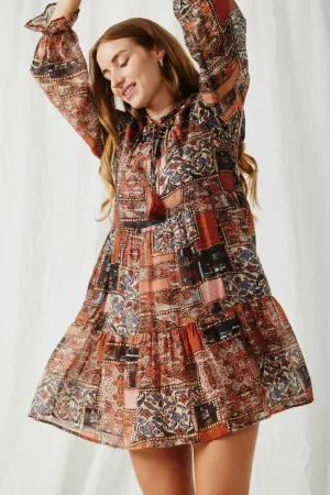 Paisley Patch Print Ruffle Neck Chiffon Dress