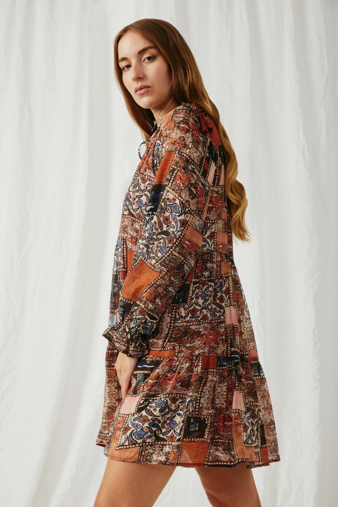 Paisley Patch Print Ruffle Neck Chiffon Dress