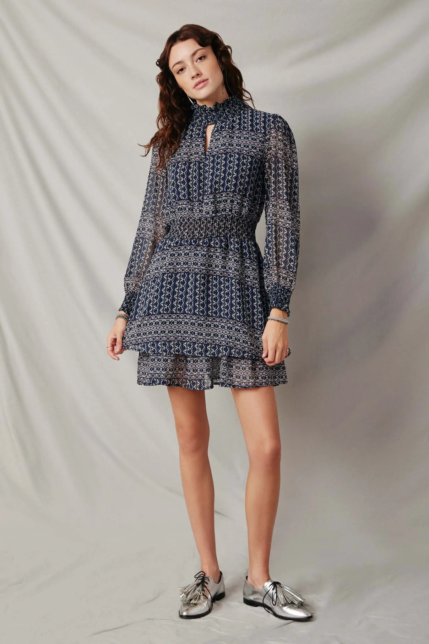 Patterned Stripe Smock Neck Cutout Dress