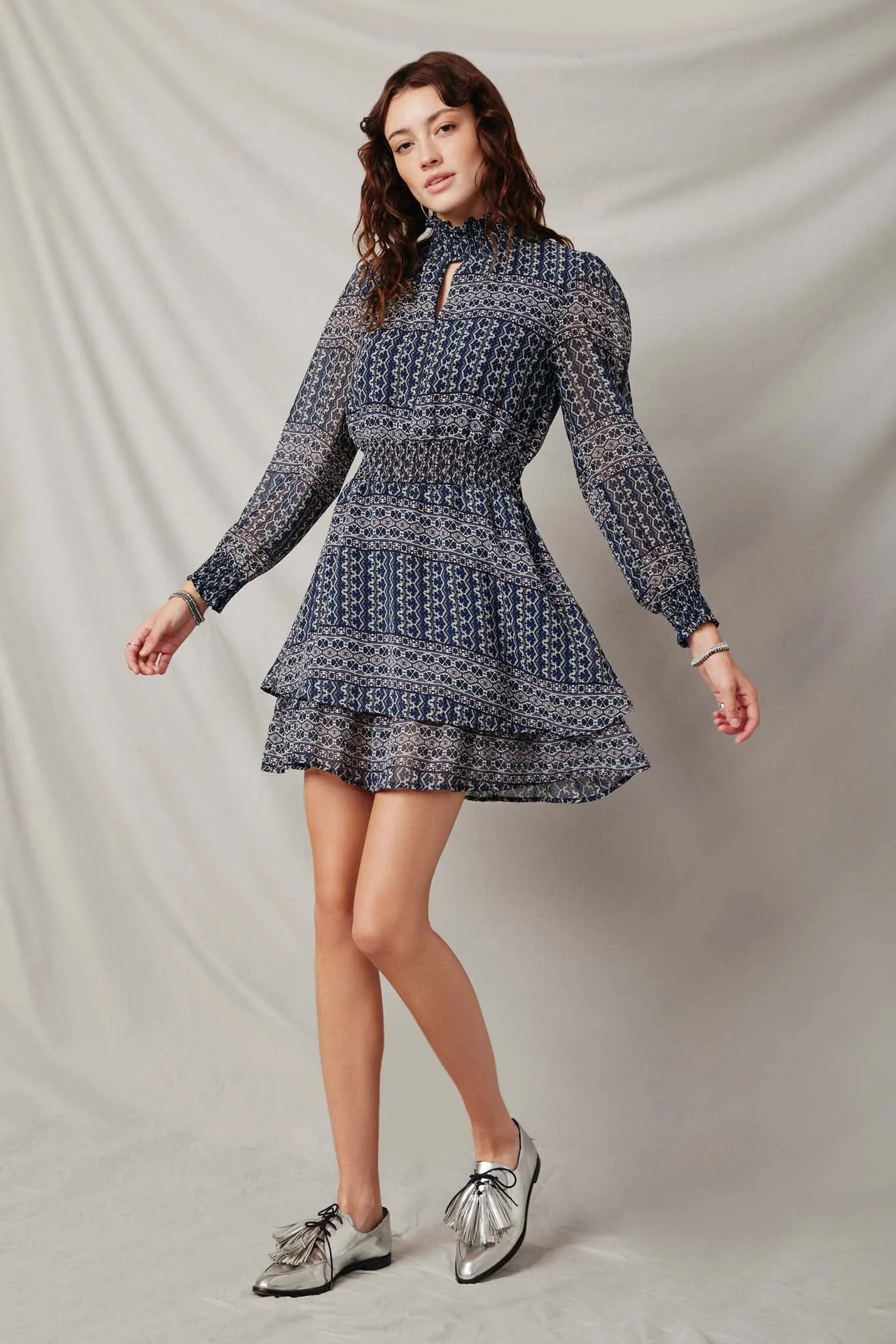 Patterned Stripe Smock Neck Cutout Dress