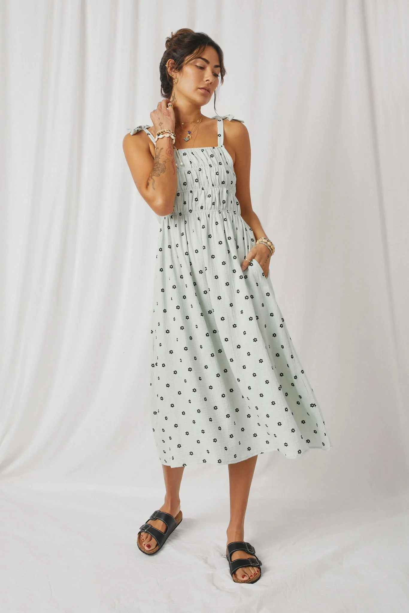 Polka Dot Tie Strap Smocked Dress