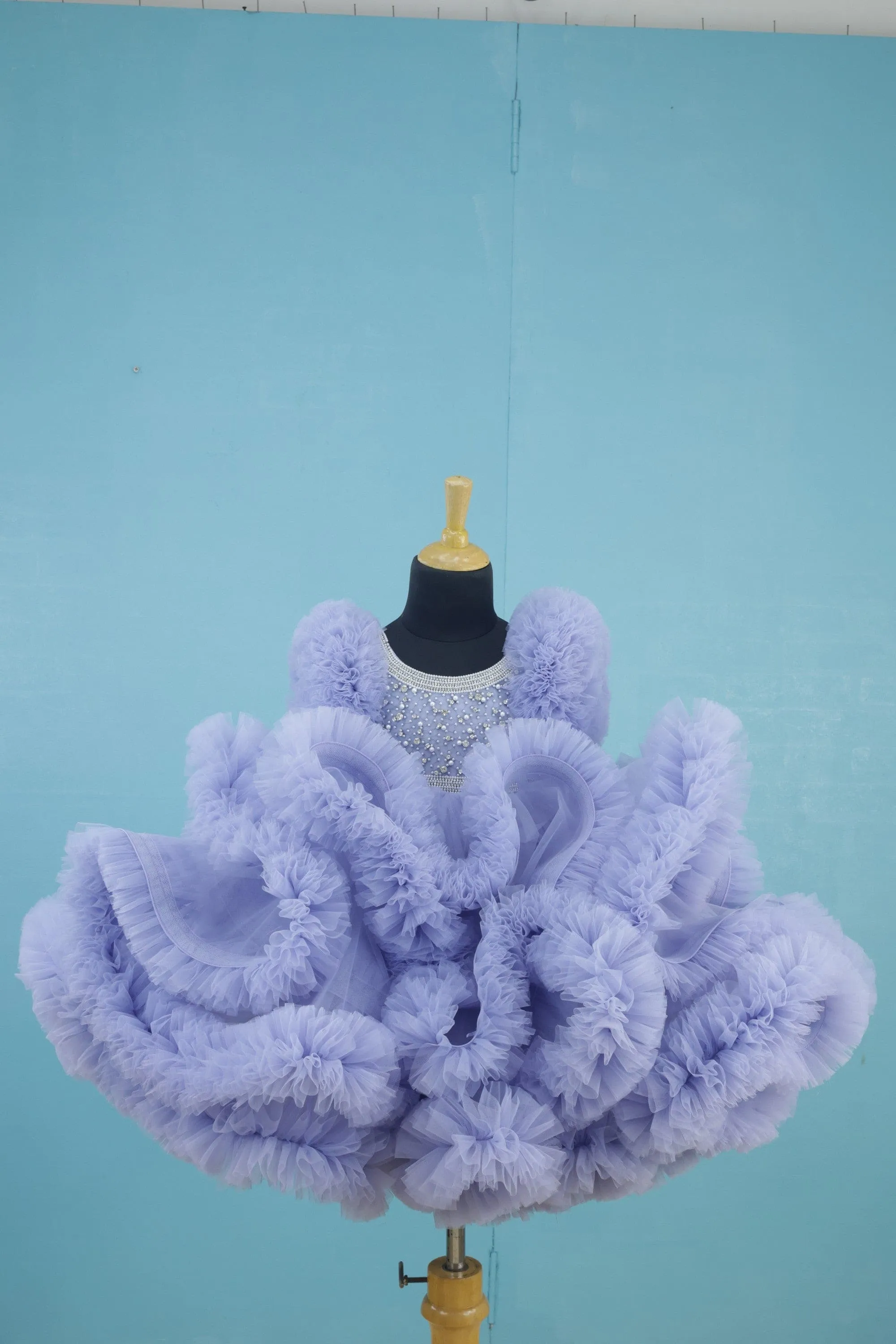 Pre-Order:  Blue Ash Netted Frilled Fluffy Gown With White Crystal and Beads Work