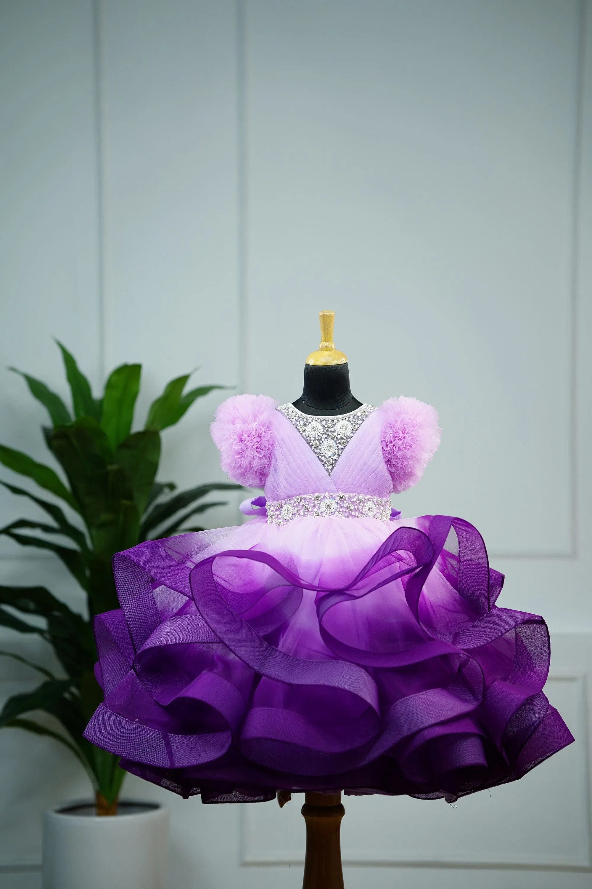 Pre-Order:  Lavender Pink and Grape Purple twirled gown with rich white bead work gown