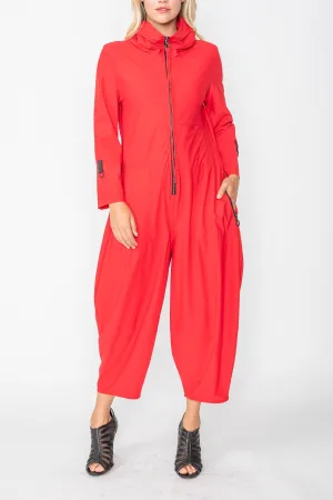 Red Zip-Up Front Cropped Long Sleeve Jumpsuit