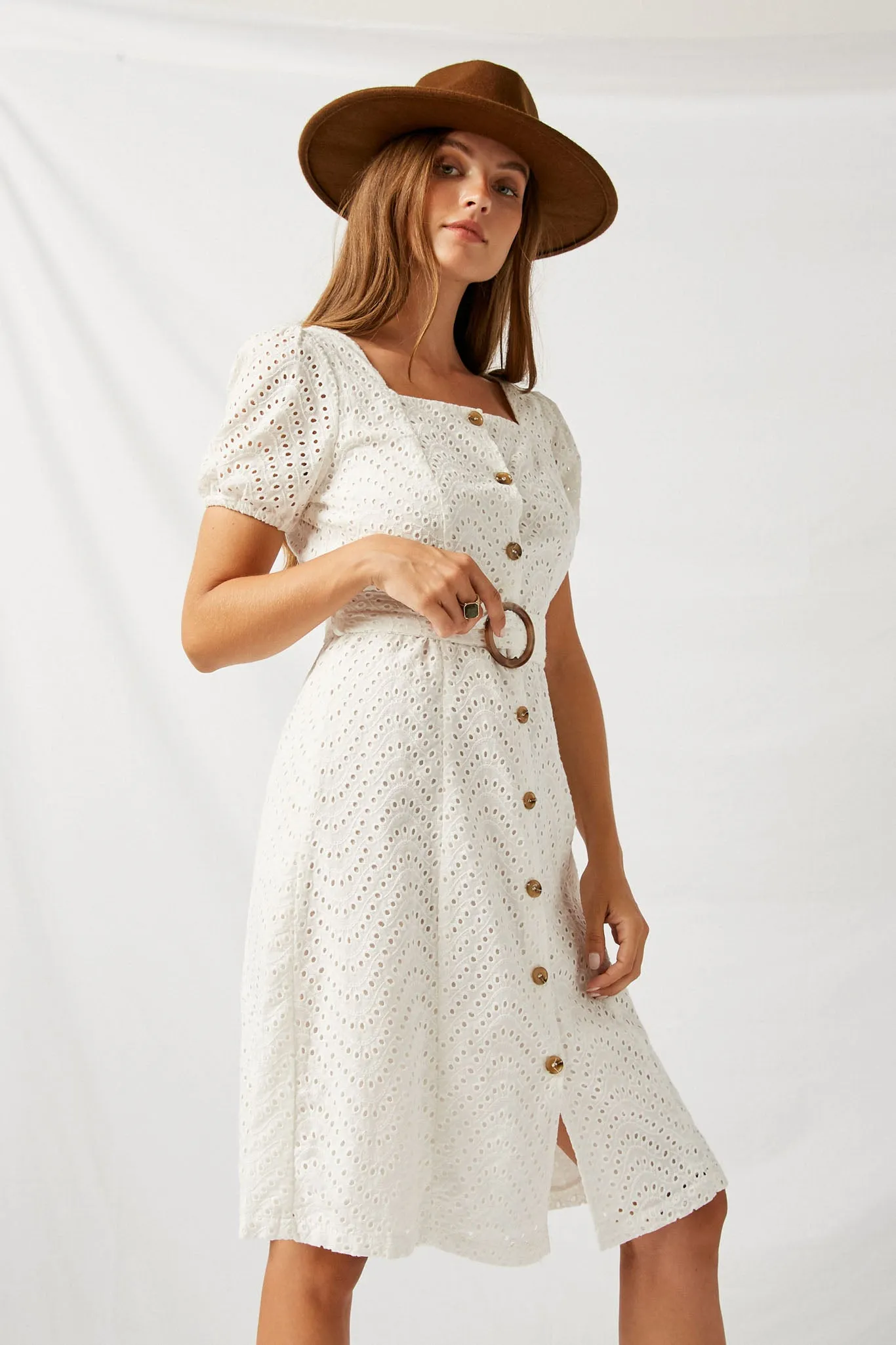 Square Neck Button Down Eyelet Dress