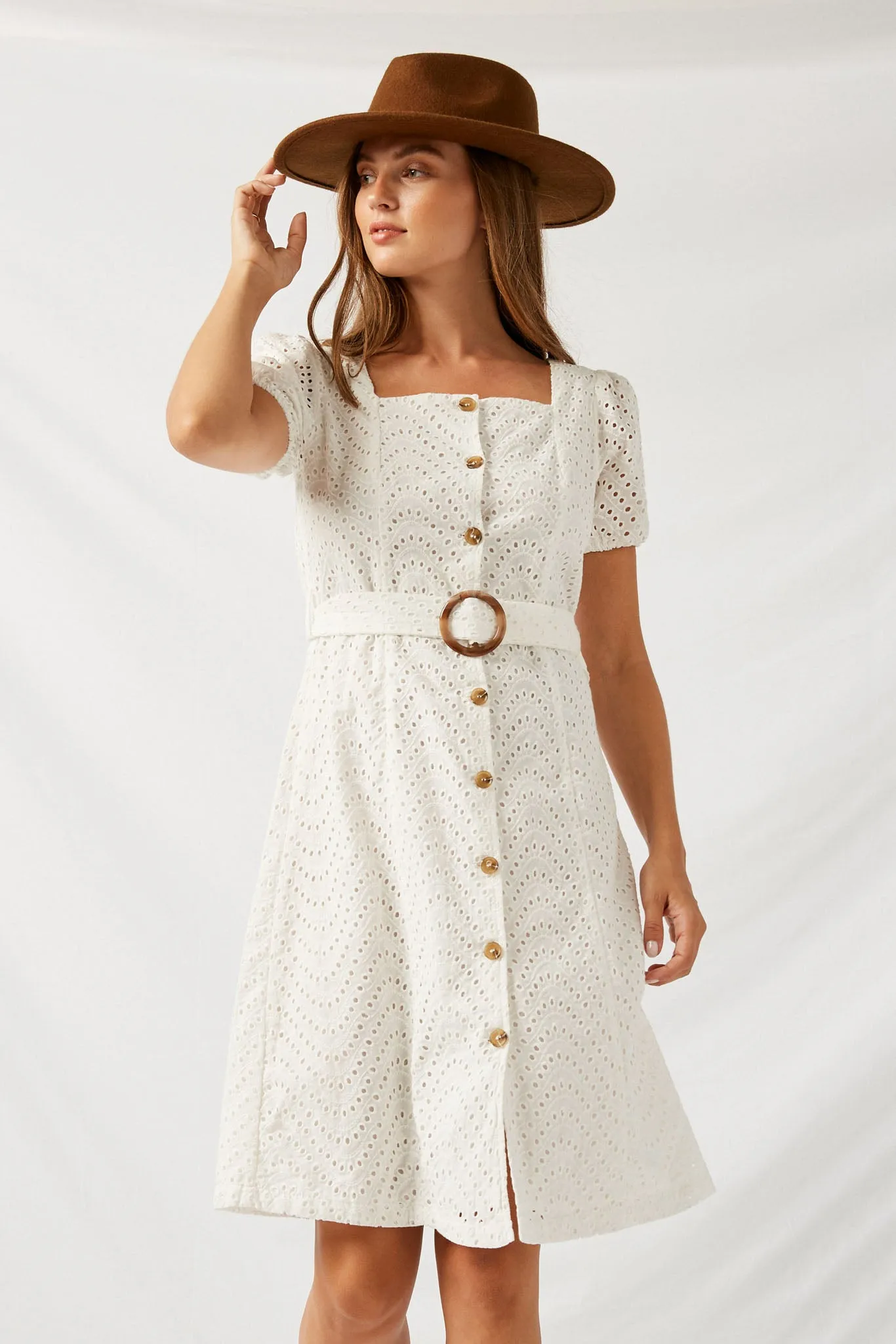 Square Neck Button Down Eyelet Dress