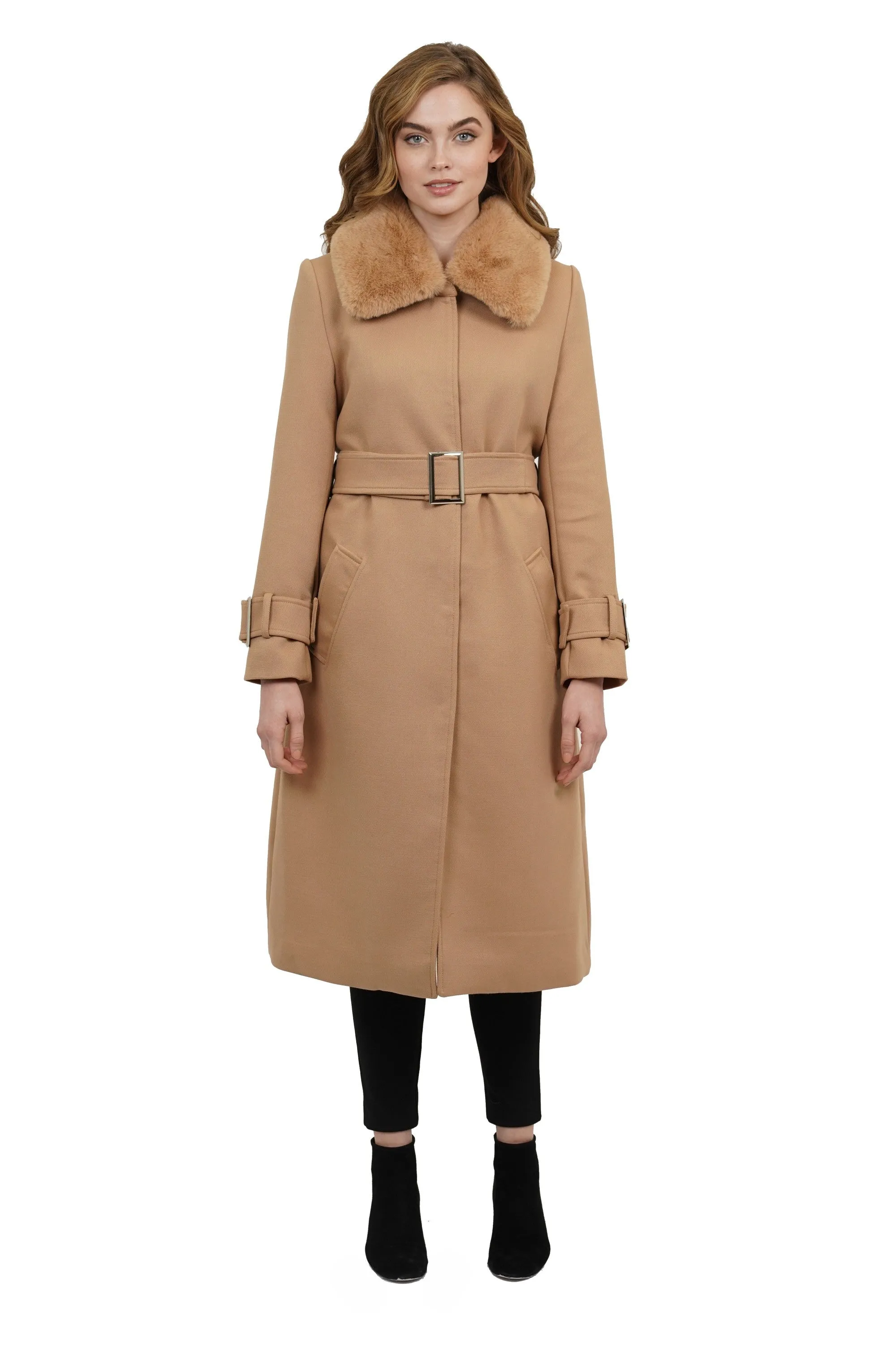 Sullivan Faux Fur Trimmed Puff Collar Skirted Jacket Coat w/ Belt