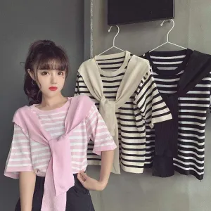 Women's Casual Kintted Striped Shirts With Shawl