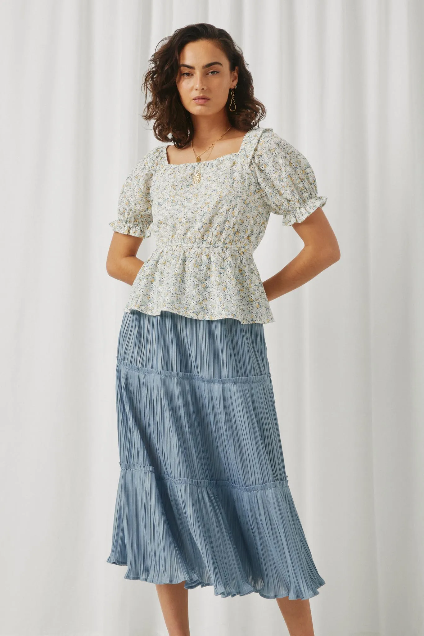 Womens Embroidered Eyelet Ruffled Floral Top