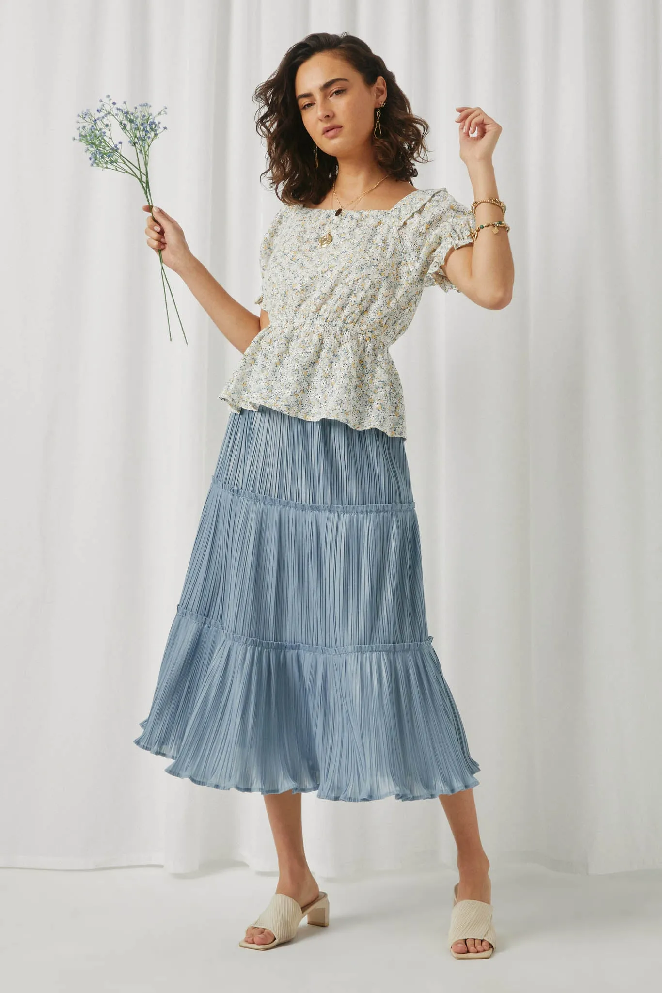 Womens Embroidered Eyelet Ruffled Floral Top