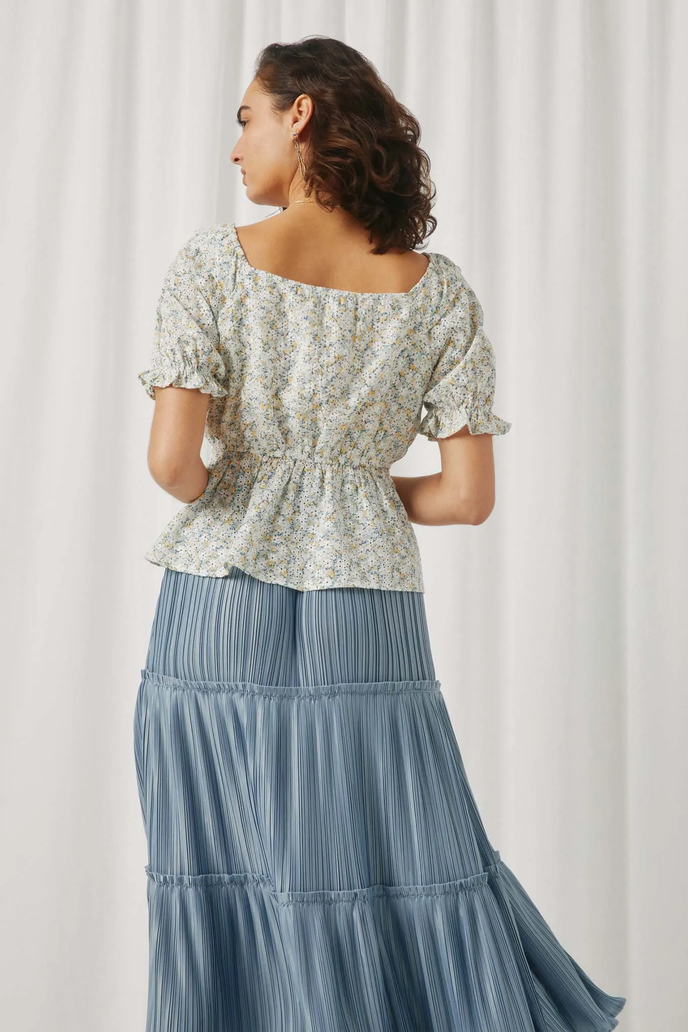 Womens Embroidered Eyelet Ruffled Floral Top